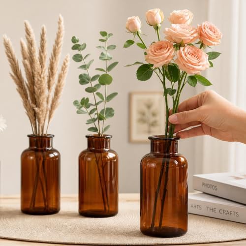 TOPZEA Set of 8 Amber Glass Vase, 17oz Boho Flower Vase Bud Vases Decorative Brown Medicine Glass Bottles Vintage Small Apothecary Jars for Home Décor, Dining Table, Wedding Centerpiece, Bridal Shower - Image 6