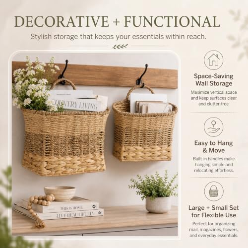11.6 & 9.6 Inch Set of 2 Handwoven Wicker Hanging Baskets, Boho Wall Decor - Image 4