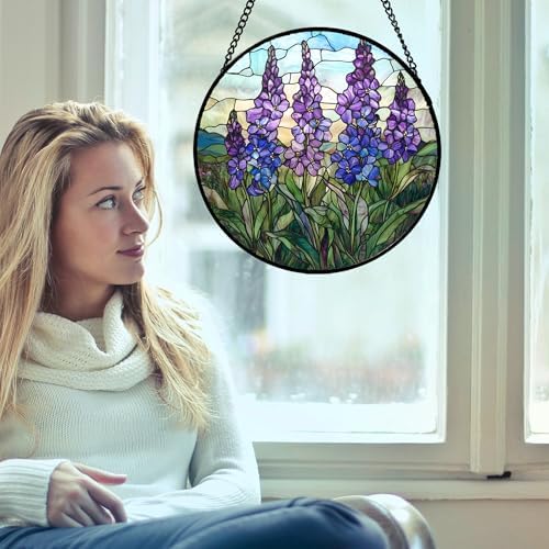 Purple Lupine Flowers Stained Glass Window Hanging Suncatcher Gift 12" - Image 3