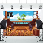 Leowefowa Fabric Cartoon Pirate Photo Backdrop 8x6ft Wooden Pirate Ship Deck Background Cannon and Skull Flag Backdrops for Photography Nautical Adventure Backdrops for Parties Vinyl - Image 4