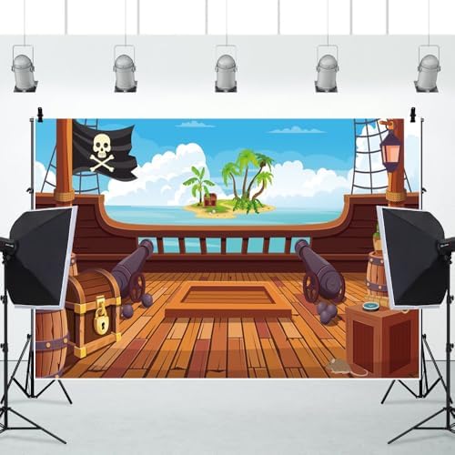 Leowefowa Fabric Cartoon Pirate Photo Backdrop 8x6ft Wooden Pirate Ship Deck Background Cannon and Skull Flag Backdrops for Photography Nautical Adventure Backdrops for Parties Vinyl - Image 4