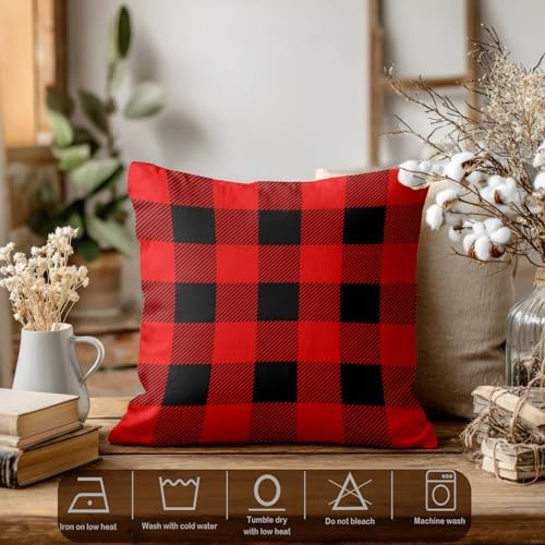 Batmerry Red Black Plaid Throw Pillow Covers, Simple Rustic Lumberjack Geometric Retro Decorative Pillow Covers Digital Printing Blended for Couch Sofa Bed Invisible Zipper 24X24 in(Set of 2) - Image 3