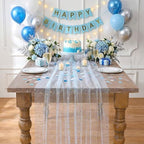 Light Blue Gauze Table Runner Fabric Sparkling Gold Star 10ft Rectangular - Image 3