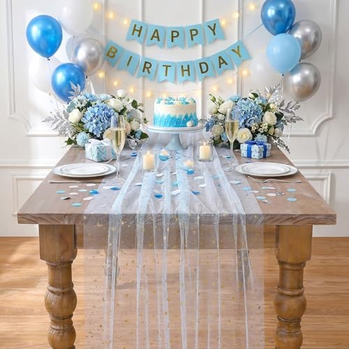 Light Blue Gauze Table Runner Fabric Sparkling Gold Star 10ft Rectangular - Image 3