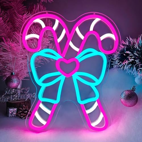 Pink Candy Canes Neon Sign Candy Christmas Neon Sign for Wall Decor Pink Christmas Decor Led Sign with Bow Xmas Neon Light Up Signs for Window Bedroom Holiday Xmas Party Home Decoration Gift Winter by DpaintNeonSign