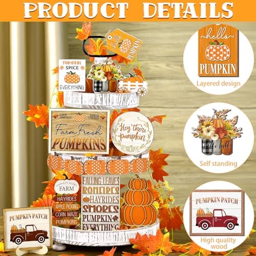 14 Pcs Halloween Tiered Tray Decor Set, Gnome Wood Table Signs (Pumpkin) - Image 3