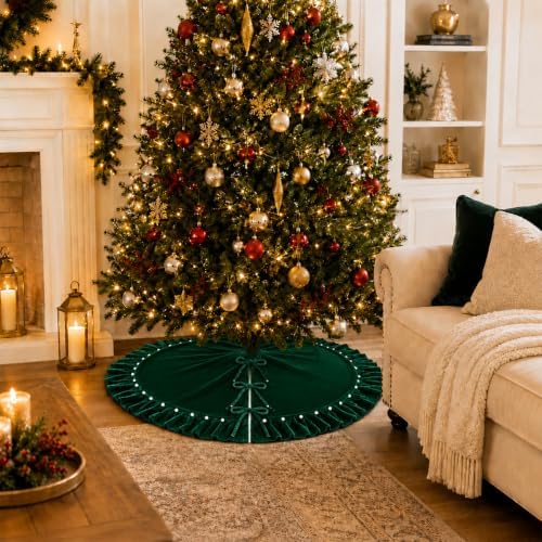 DarkGreen Velvet Christmas Tree Skirt with Ruffled Edge&Pearls,60" - Image 3