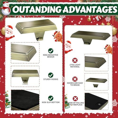 OCTERIC 4 Pcs Bronze Christmas Metal Stocking Holders for Mantle, Heavy Duty Stocking Hangers Stocking Hook Xmas Ornaments for Counter Tables Window Fireplace Mantle Decoration - Image 3