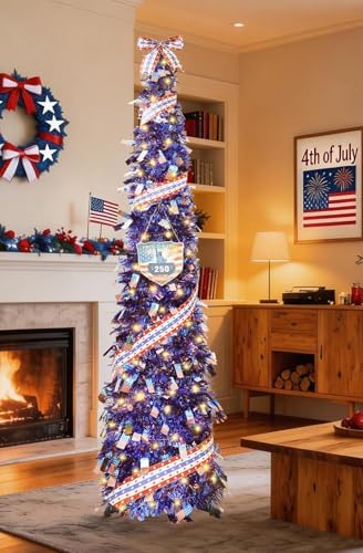 HMASYO 4th of July Decorations 6 FT Pop Up Patriotic Tinsel Tree with 100 Timer Lights – USA 250th Anniversary Decorations Merchandise Collapsible Pencil Tree for Home Office Decorations by HMASYO