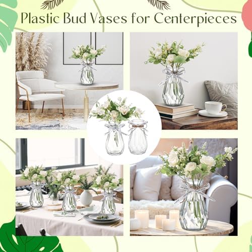 Bokon Small Plastic Bud Vases Bulk with Ribbon for Wedding, Clear, 48 Packs - Image 7