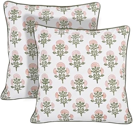 Ridhi Block Print Mughal Buta Peach Pillow Cover 18" x 18" (Pack of 2) Decorative Couch Pillows for Living Room, Farmhouse Chic Boho Cute Outdoor Pillows Covers Gifts for Spring, Mother's Day by Ridhi