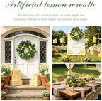 24 Inch Artificial Lemon Wreath for Front Door, Summer Lemon Wreath with Lifelike Yellow Lemons, Greenery, Spring Summer Farmhouse Wreaths for Porch Wall Window Kitchen Home Decor - Image 2
