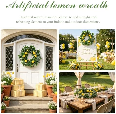 24 Inch Artificial Lemon Wreath for Front Door, Summer Lemon Wreath with Lifelike Yellow Lemons, Greenery, Spring Summer Farmhouse Wreaths for Porch Wall Window Kitchen Home Decor - Image 2
