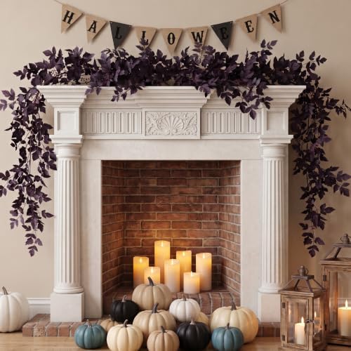 2 Pack Fall Garland, Fall Decorations for Home Fireplace Mantel Decor, Artificial Autumn Leaves Garland with Faux Plum Cimicifuga, Autumn Table Centerpiece Decorations, Halloween Moody Neutral Decor by ChamBay