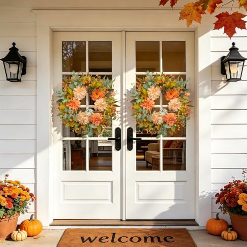 24 Inch Harvest Fall Wreaths for Front Door Outside with Dahlia & Pumpkins - Image 6