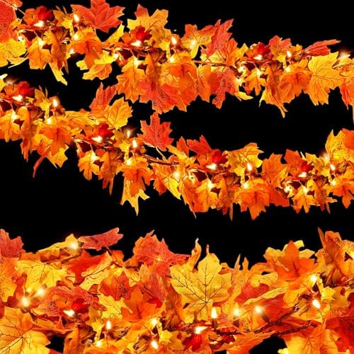 3Pack Fall Leaf Garland with Lights Plug in, 35 Orange Bulbs Light Up Fall Leaves Garland, Fall Decor Fall Decorations for Home Table Thanksgiving Mantel,Fireplace,Porch,Halloween Autumn Decor by DolunvoLLC