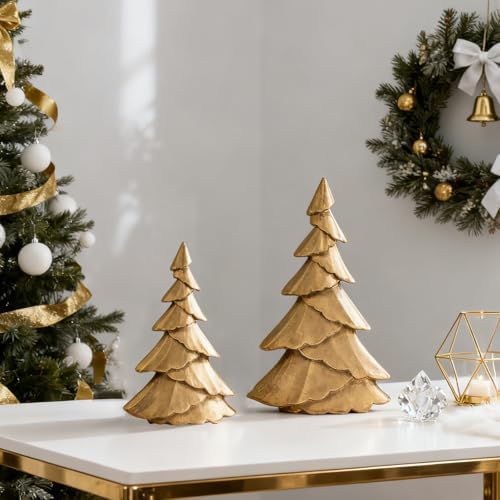 RM ROOMERS Christmas Tree Figurines Wooden, Set of 2 Gold Christmas Tree - Image 2