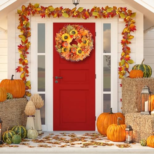 Fall Wreath, Pumpkin and Sunflowers Harvest Autumn Wreath, 22 Inch Wreaths for Front Door, Fall Wreaths for Indoors,Outdoors,Corridors, Offices. (Orange) - Image 6
