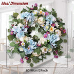 24" Spring Summer Wreaths for Front Door,Spring Summer Door Wreaths,Large Blue Hydrangea Wreaths for Outdoor Porch Farmhouse Home Decor - Image 3