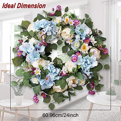 24" Spring Summer Wreaths for Front Door,Spring Summer Door Wreaths,Large Blue Hydrangea Wreaths for Outdoor Porch Farmhouse Home Decor - Image 3