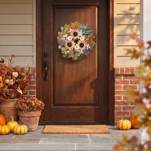 zjlmit 22" Fall Wreaths for Front Door with Pumpkin Sunflower Maple Leaf - Image 3