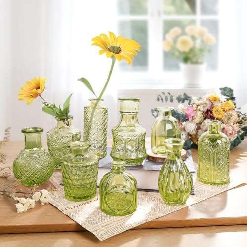 Embossed Bud Vases Set of 24, Vintage Flower Vase Green Glass Mini Vases for Centerpieces, Decorative Small Vase Bulk for Flowers, Wedding Table Decorations, Party, Baby Shower, Home Decor, - Image 5