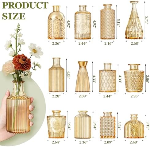 12 Pcs Clear Bud Vases Set, Small Vintage Glass Clear Bud Flower Vases Bulk Multiple Shape Cute Mini Glass Bottles Vases for Rustic Wedding Centerpieces Table Decorations and Home Decor (12, Gold) - Image 2
