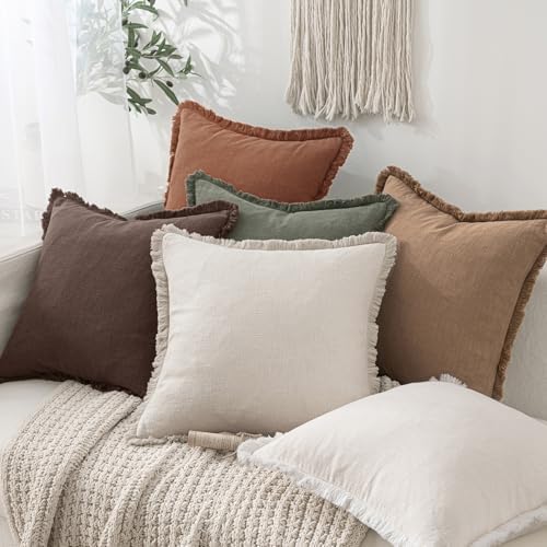 MIULEE Linen Fringe Decorative Fall Throw Pillow Covers Dark Brown 18x18 - Image 5