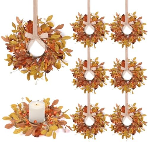 8 PCS 9" Mini Fall Wreaths for Kitchen Cabinets Fall Wreaths for Front Door Autumn Wreath with Golden Eucalyptus Leaves Oak Leaves with Ribbon for Farmhouse Home Wall Window Festival Wedding Decor by EYNDYN