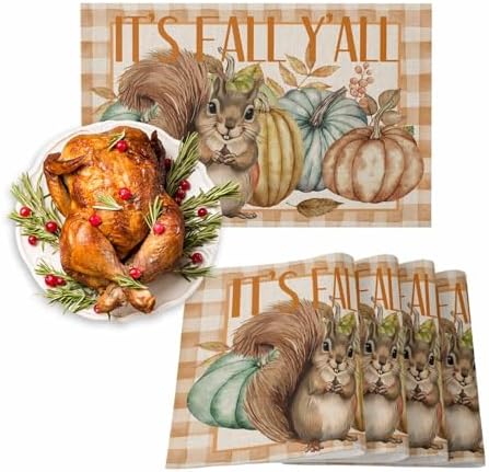 Farmhouse Squirrel Fall Placemats Set of 6, Harvest Pumpkin Maple Leaves Non-Skid Place mats, Wooden Autumn Holiday Table Mats, Thanksgiving Decorations Tablemats for Party/Dining Room/Kitchen by JasmineM