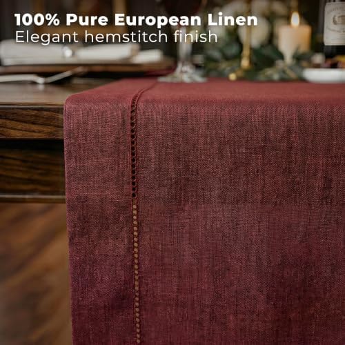 Signature Linen™ by D'Moksha, Dark Red Chambray Table Runner 90 Inches Long, 100% Pure Linen, Hemstitch, 14 x 90 Inch Table Runner for Dresser, Dining- Fall, Weddings, Outdoor Hosting - Image 4