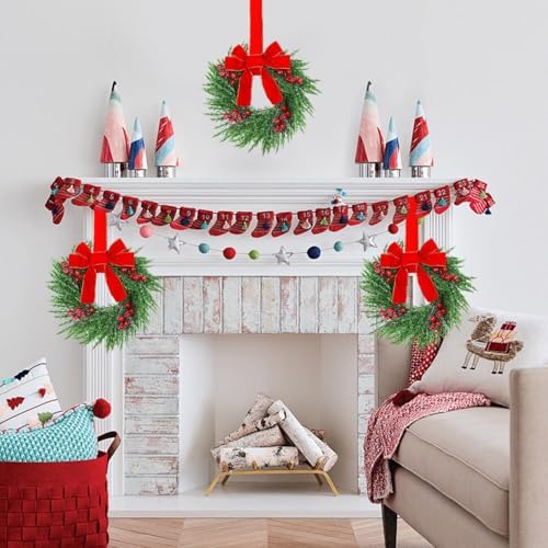 YoleShy 6 Pcs Small Christmas Wreath 12'' Mini Wreaths for Kitchen Cabinet Wreaths with Berry & Red Velvet Bow Ribbon Window Wreath Christmas Xmas Farmhouse Decoration for Front Door Chair Wall - Image 3