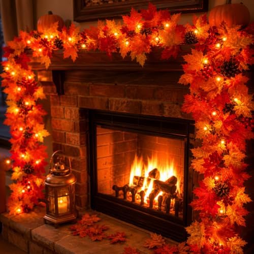 Fall Decorations Lighted Fall Garland with Pinecones and Berries, 9FT 50 Incandescent Bulbs UL Certified Connectable Lush and Thicker Fall Garland with Lights for Harvest Halloween Thanksgiving Decor - Image 4
