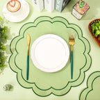 Whaline Green Linen Placemats Embroidered Round Scalloped Kitchen Place Mats for Spring Party Hotel Restaurant Kitchen Home Dining Table Decor, Set of 6, 15 x 15 in - Image 4