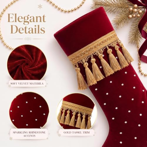 4 Pcs Large Velvet Luxury Christmas Stockings, Bling, Burgundy - Image 2