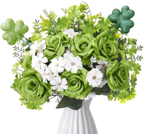 Zeyune 9 Pcs St. Patrick's Day Flower Decorations Artificial Shamrock Centerpiece Table Green Rose Clover Branches Fake Gerbera Picks Floral Arrangement for Irish Decor Farmhouse Home Party Supplies by Zeyune