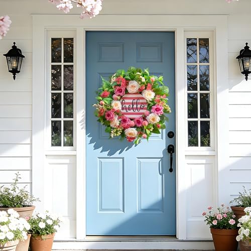 Spring Summer Wreaths for Front Door Outside, 24 Inch Peony & Rose Floral Summer Wreath with Pink Peach Farmhouse Door Decor, Spring Wreaths for Front Door, Spring Door Wreath for Front Door Outside - Image 6