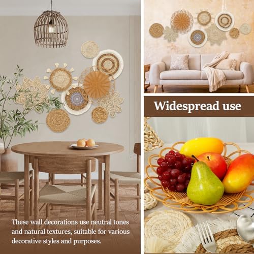 9 Pcs Boho Wall Basket Decor, Rattan Wicker Boho Wall Decor, Hanging Woven Basket Wall Decor, Round Handmade Wall Art for Living Room Bedroom Display Table Settings Home Christmas Decoration (Wood) - Image 3