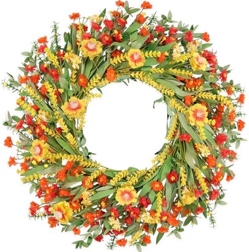 26" Floral Wreath, Artificial Spring Wreaths for Front Door, with Wildflower Portulaca Flowers, Indoor Outdoor Porch Window Wall Home Decor for Valentine’s Day Easter, Summer & Wedding Orange by Zmtyykh