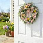 22 Inch Easter Wreath for Front Door with Easter Eggs, Eucalyptus Leaves, Daisies, Tulips, & Plush Chicks, Easter Spring Wreath with Velvet Ribbon Bow Decorations for Home - Image 6