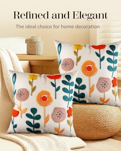 Embroidered Throw Pillow Covers 18x18 Inch - Set of 2 Summer Decorative Pillow Covers with Zipper Aesthetic Cute Design Throw Pillowcases for Couch Sofa Bed, Plants - Image 5