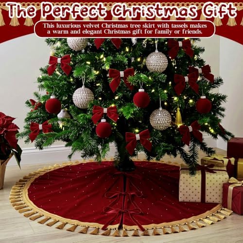 Roowest 48 Inch Burgundy Christmas Tree Skirt Velvet, Round - Image 6