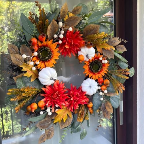 24 Inch Fall Eucalyptus Wreath for Front Door with Dahlia & Sunflower - Image 2