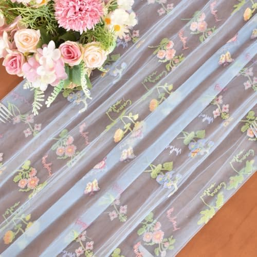 Blue Butterfly Floral Table Runner Flowers Tea Garden Party Picnic Decor - Image 4