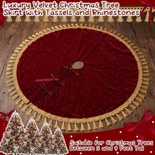 Roowest 48 Inch Burgundy Christmas Tree Skirt Velvet, Round - Image 5