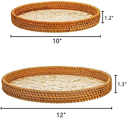 Frcctre 2 Pack Round Rattan Tray with Mother of Pearl Inlay, Rattan Serving Tray with Wooden Base, Decorative Wicker Basket for Bread Fruit Food Coffee Breakfast, Storage and Display, 2 Sizes - Image 2