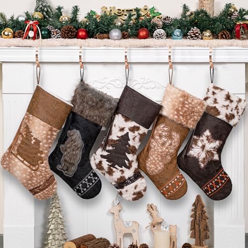 LUBOT Christmas Stockings Set of 5, Western Cowboy 20" Rustic Farmhouse Fireplace Hanging Décor Neutral Embossed Leather & Plush Faux Fur with Tassel Accents Large Family Xmas Stockings by LUBOT
