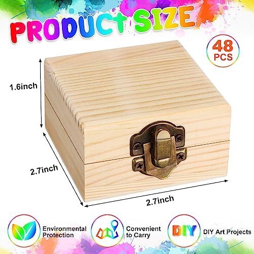 Sintuff 48 Pack Small Unfinished Wooden Boxes for Crafts 2.7 x 2.7 x 1.6 Inch Storage Treasure Chest with Hinged Lids Clasp Mini Pine Wood Jewelry Gift Boxes for DIY Bracelet Home Decorate Party Favor - Image 3