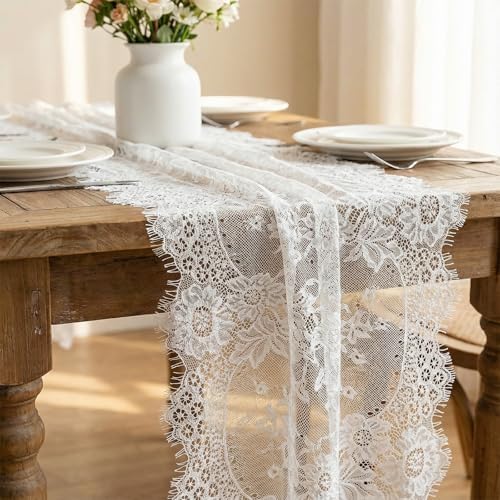 16 Pcs Lace Table Runner White Rustic Lace Fabric Table Runners with Rose Embroidered Floral for Wedding Bridal Vintage Boho Table Runners Thanksgiving Christmas Party Decoration 14 x 120 Inch - Image 3