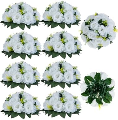 BLOSMON White Flowers for Wedding Centerpieces: 10 Pcs, 15 Faux Silk Roses by Blosmon